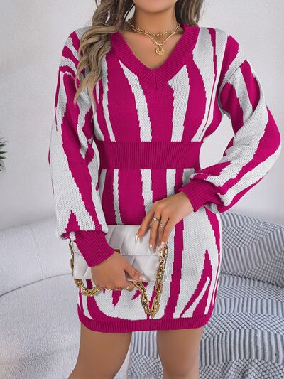 Animal Print V-Neck Long Sleeve Sweater Dress | 1mrk.com
