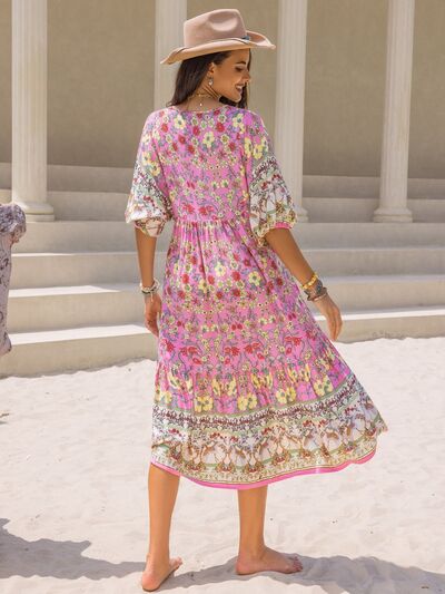 Printed V-Neck Balloon Sleeve Midi Dress |1mrk.com