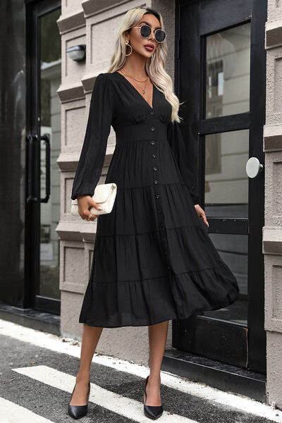 Tiered Ruched Button Up Midi Dress |1mrk.com