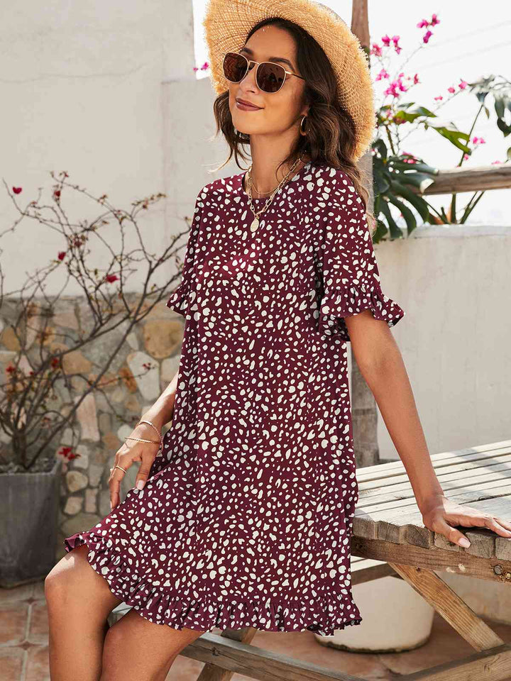 Printed Flounce Sleeve Ruffle Hem Dress |1mrk.com