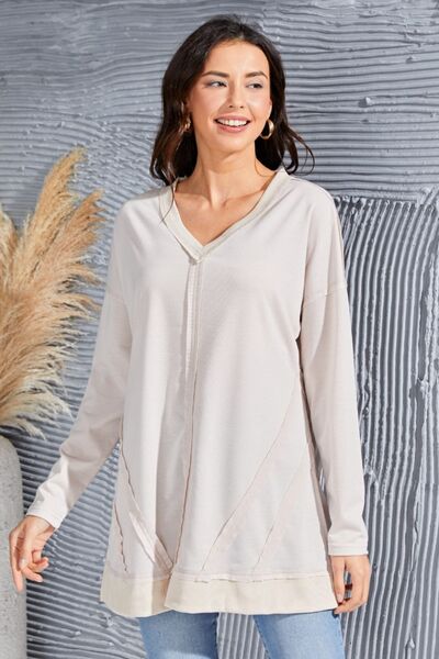 Exposed Seam V-Neck Long Sleeve Slit Sweatshirt |1mrk.com