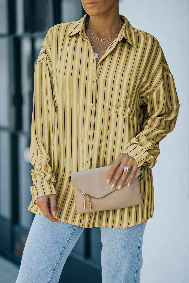 Striped Button-Up Dropped Shoulder Shirt |1mrk.com
