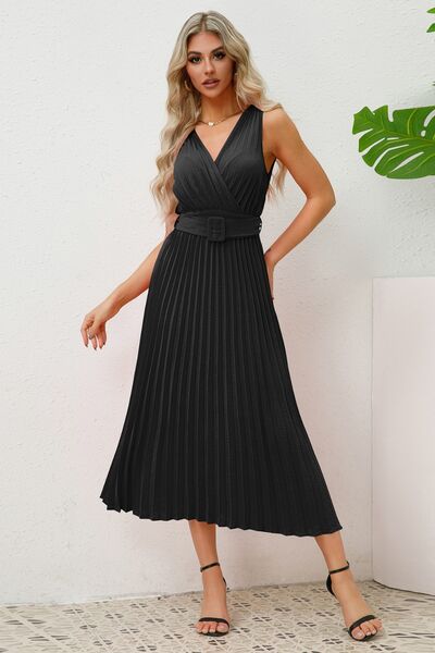 Surplice Sleeveless Midi Pleated Dress |1mrk.com