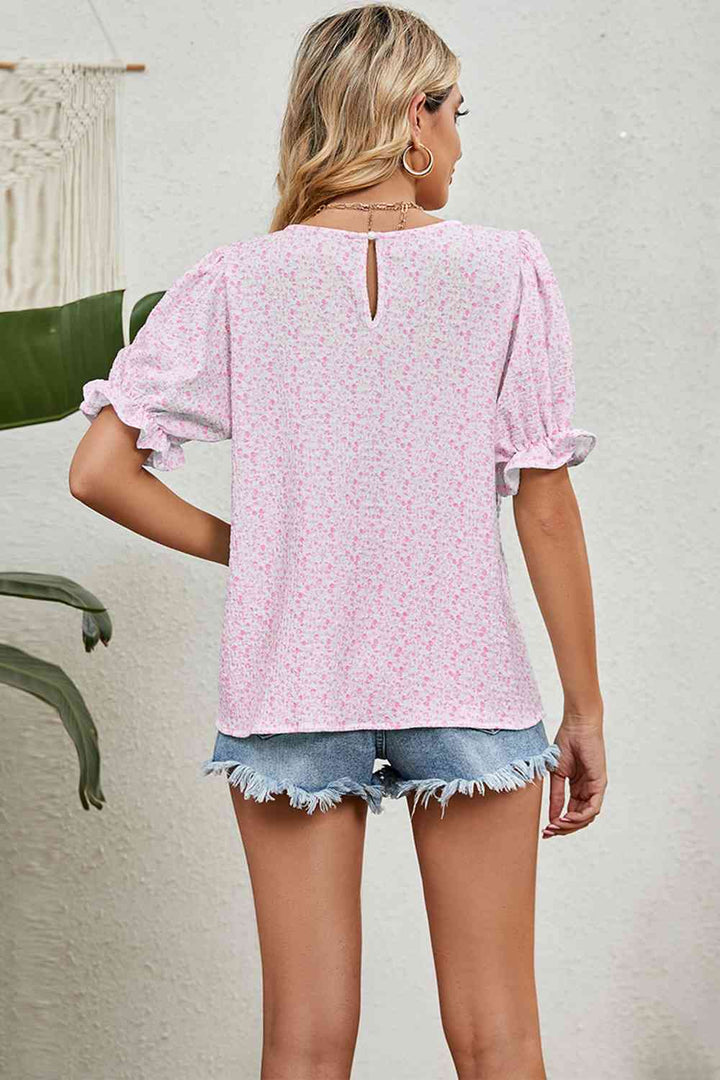 Round Neck Flounce Sleeve Blouse | 1mrk.com