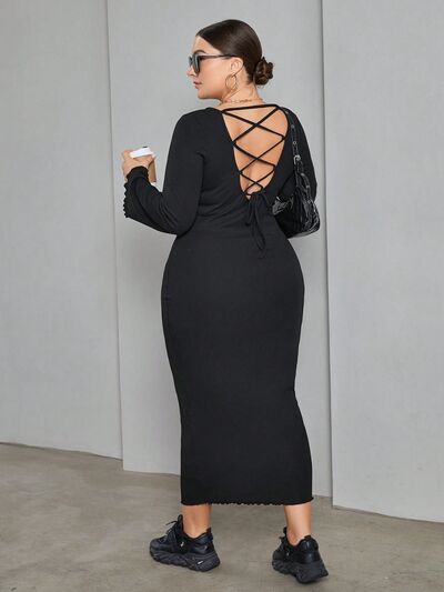 Plus Size Lace-Up Round Neck Wrap Dress |1mrk.com