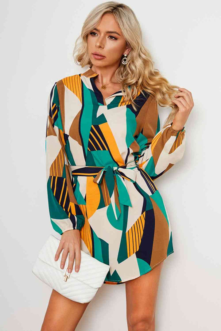 Geometric Print Belted Curved Hem Dress |1mrk.com