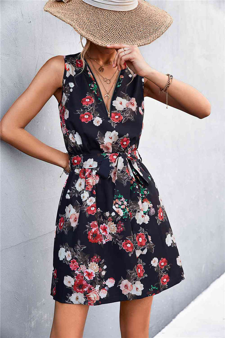 Printed Zip Detail Belted Sleeveless Dress |1mrk.com