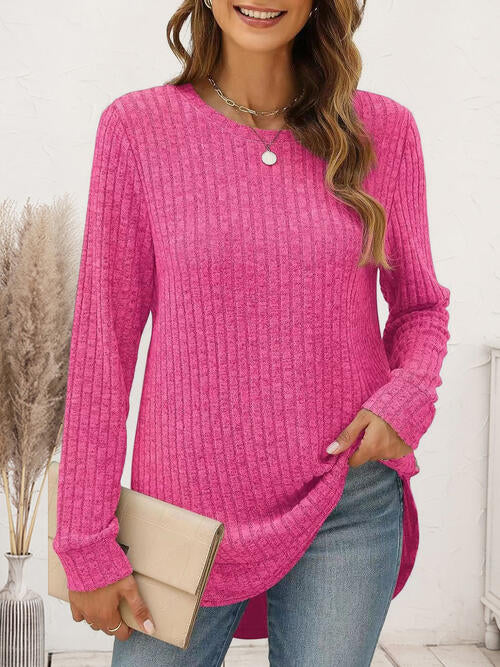 Ribbed Round Neck Long Sleeve T-Shirt | 1mrk.com