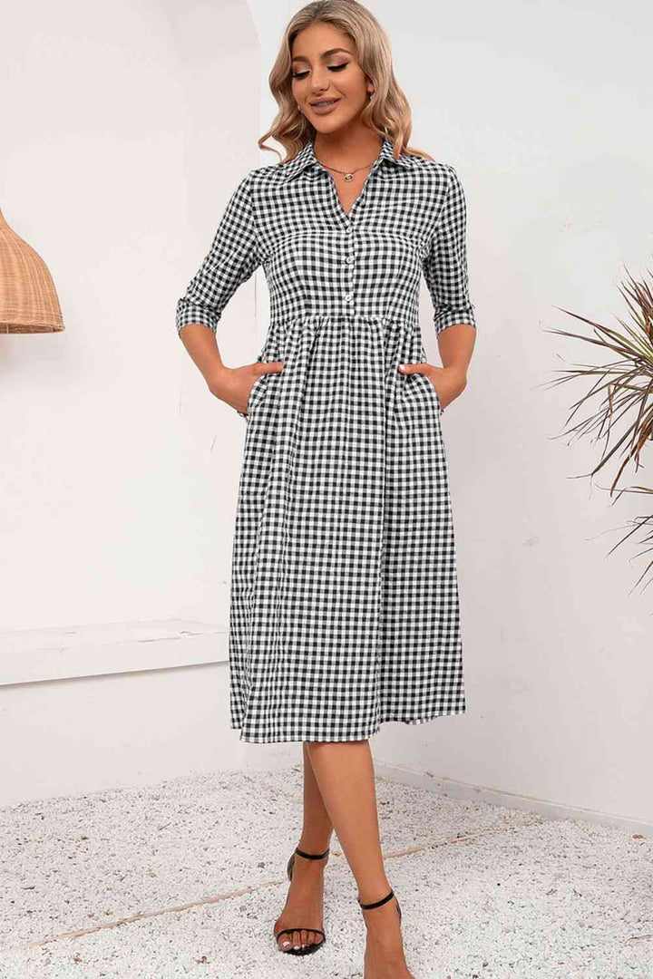 Plaid Collared Neck Midi Dress |1mrk.com