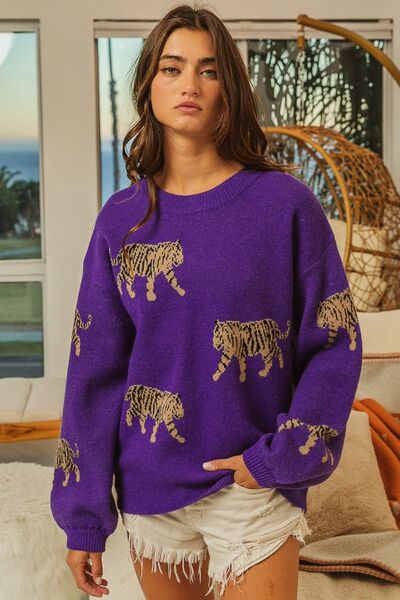 BiBi Tiger Pattern Long Sleeve Sweater | Trendsi