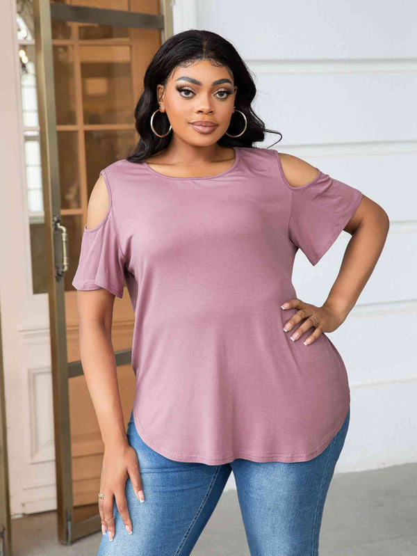 Plus Size Cold-Shoulder Round Neck Curved Hem Tee | 1mrk.com