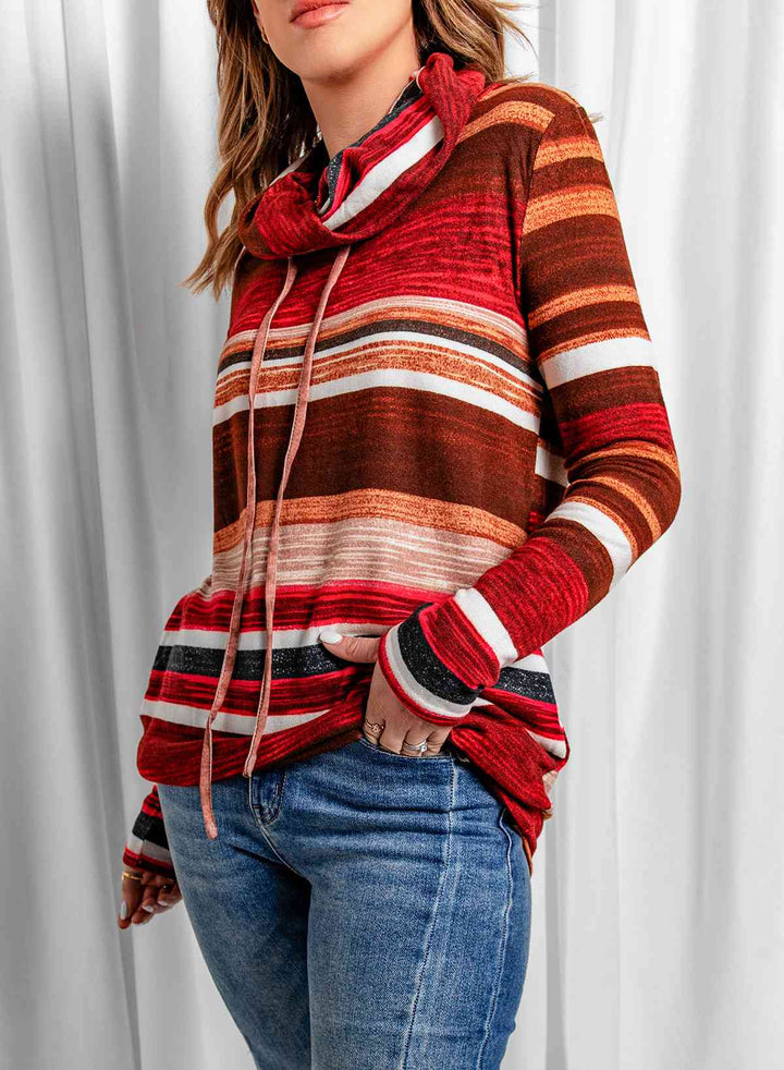 Striped Cowl Neck Tunic Sweatshirt |1mrk.com