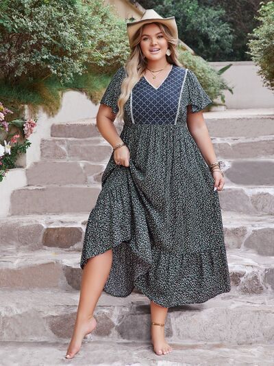 Plus Size Printed V-Neck Flutter Sleeve Midi Dress | Trendsi