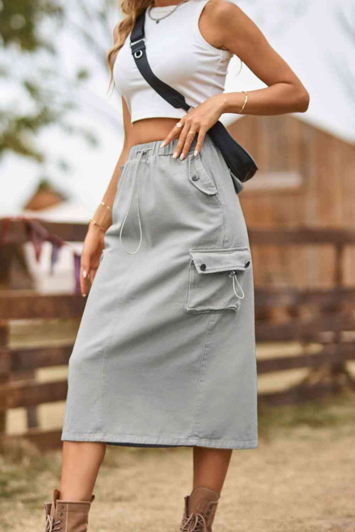 Drawstring Waist Slit Denim Skirt | 1mrk.com