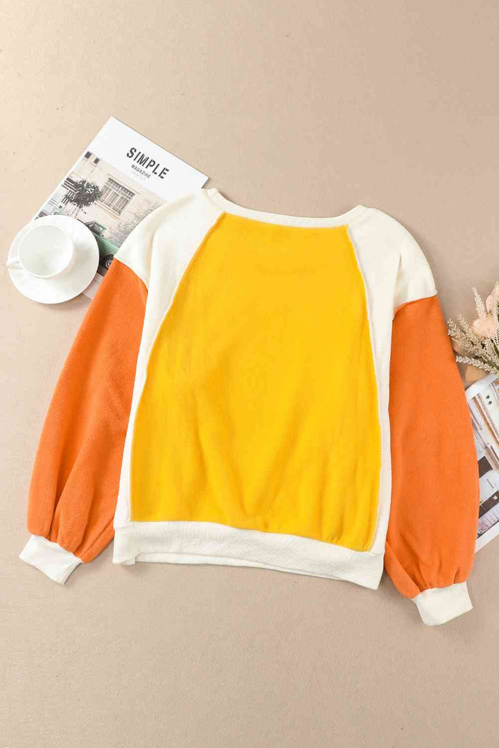 Round Neck Dropped Shoulder Color Block Sweatshirt |1mrk.com