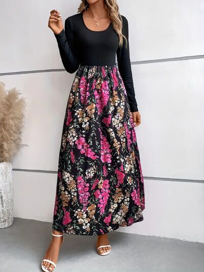 Floral Round Neck Long Sleeve Maxi Dress | 1mrk.com