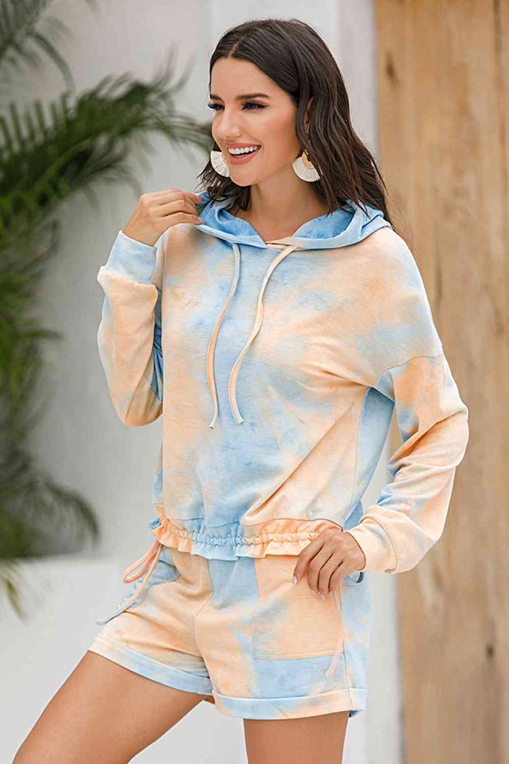 Tie-Dye Drawstring Hoodie and Shorts Set | 1mrk.com