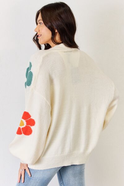 J.NNA Open Front Flower Pattern Long Sleeve Sweater Cardigan | Trendsi