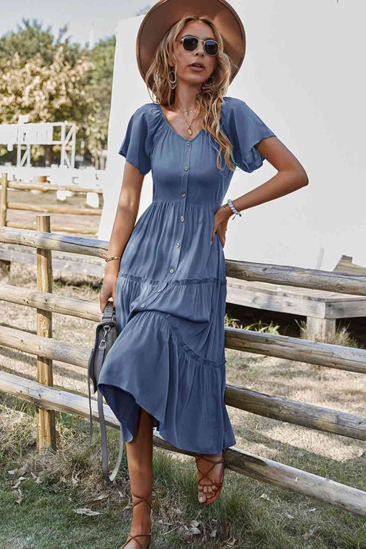 Short Sleeve Frill Trim Buttoned Dress |1mrk.com