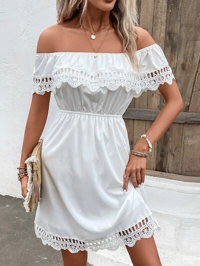 Ruched Lace Detail Off-Shoulder Dress |1mrk.com