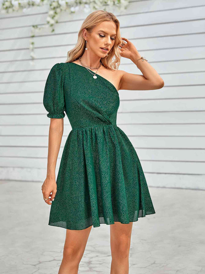 One-Shoulder Puff Sleeve A-Line Dress |1mrk.com