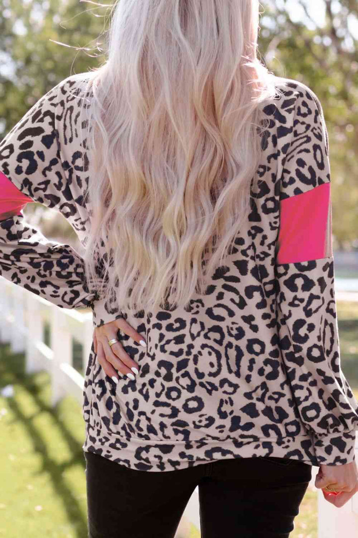 Leopard Print Color Block Long-Sleeve Top |1mrk.com