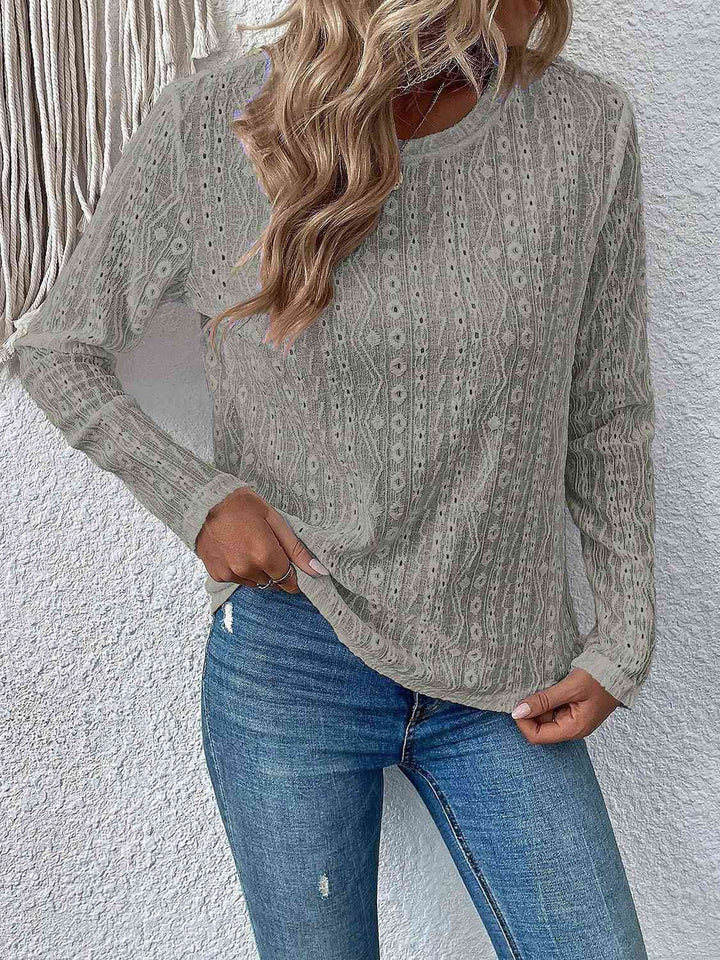 Eyelet Round Neck Long Sleeve Top | 1mrk.com