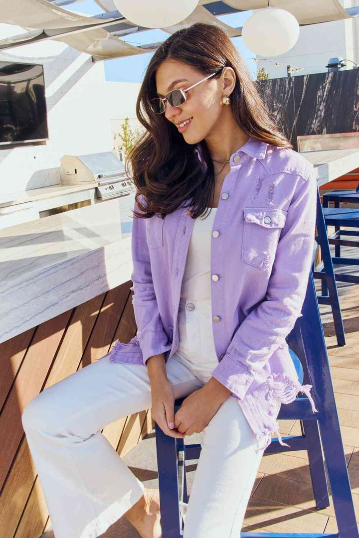 American Bazi Full Size Distressed Button Down Denim Jacket in Lavender | 1mrk.com