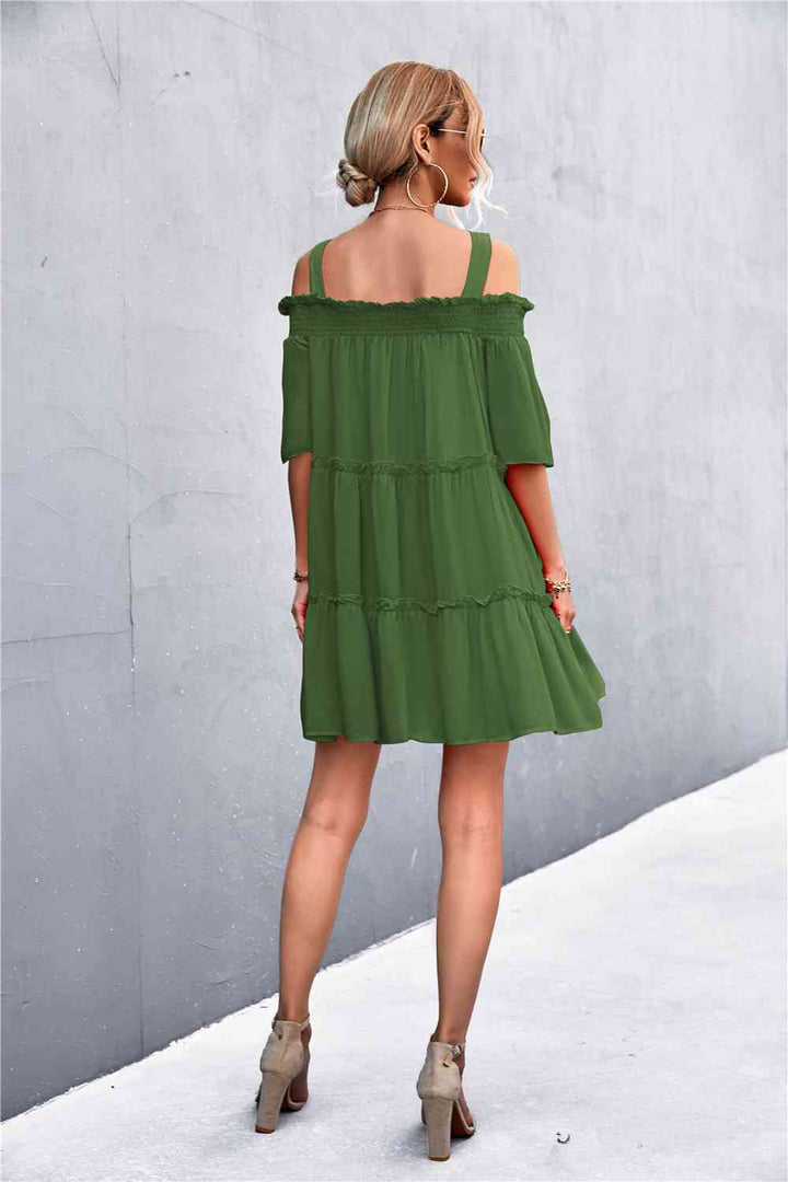 Cold-Shoulder Frill Trim Tiered Dress |1mrk.com