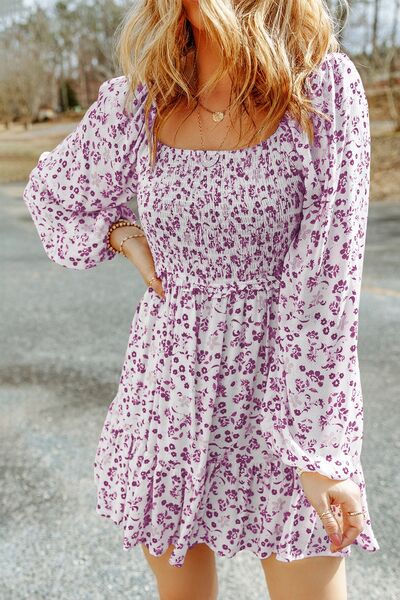 Smocked Floral Square Neck Balloon Sleeve Dress |1mrk.com