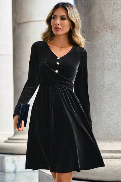 Ruched Decorative Button V-Neck Long Sleeve Dress |1mrk.com