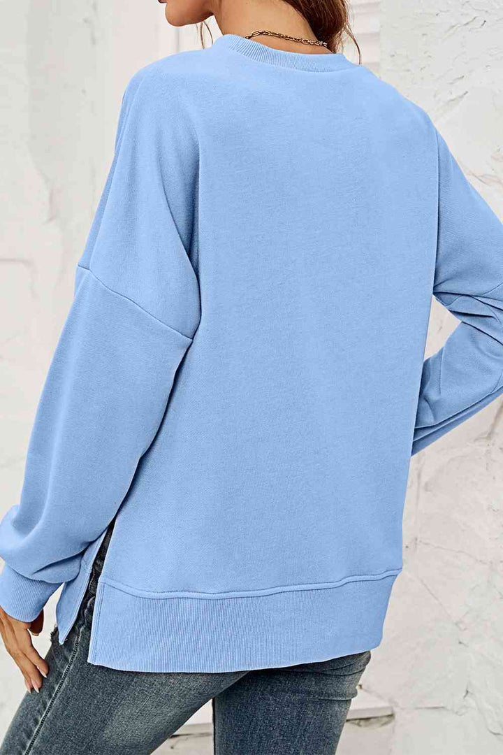 Round Neck  Dropped Shoulder Slit Sweatshirt |1mrk.com