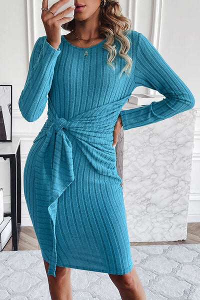 Ribbed Tied Long Sleeve Wrap Dress | 1mrk.com