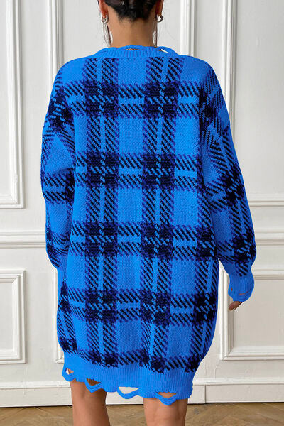 Plaid V-Neck Long Sleeve Sweater Dress | 1mrk.com