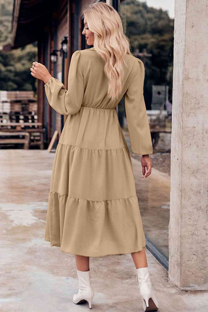 Collared Neck Long Sleeve Midi Dress |1mrk.com