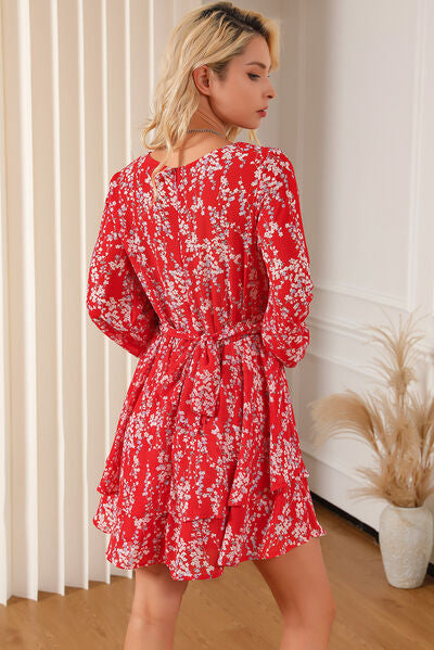 Printed Surplice Balloon Sleeve Layered Dress | Trendsi