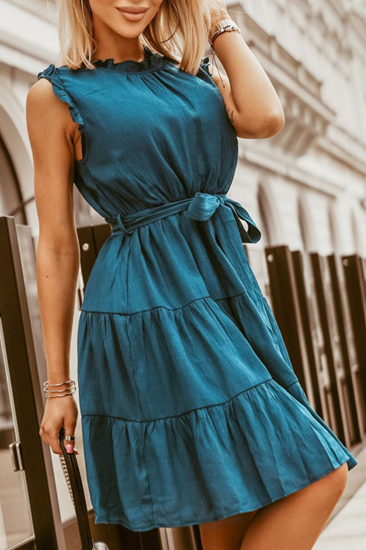 Frill Tied Round Neck Sleeveless Tiered Dress | Trendsi