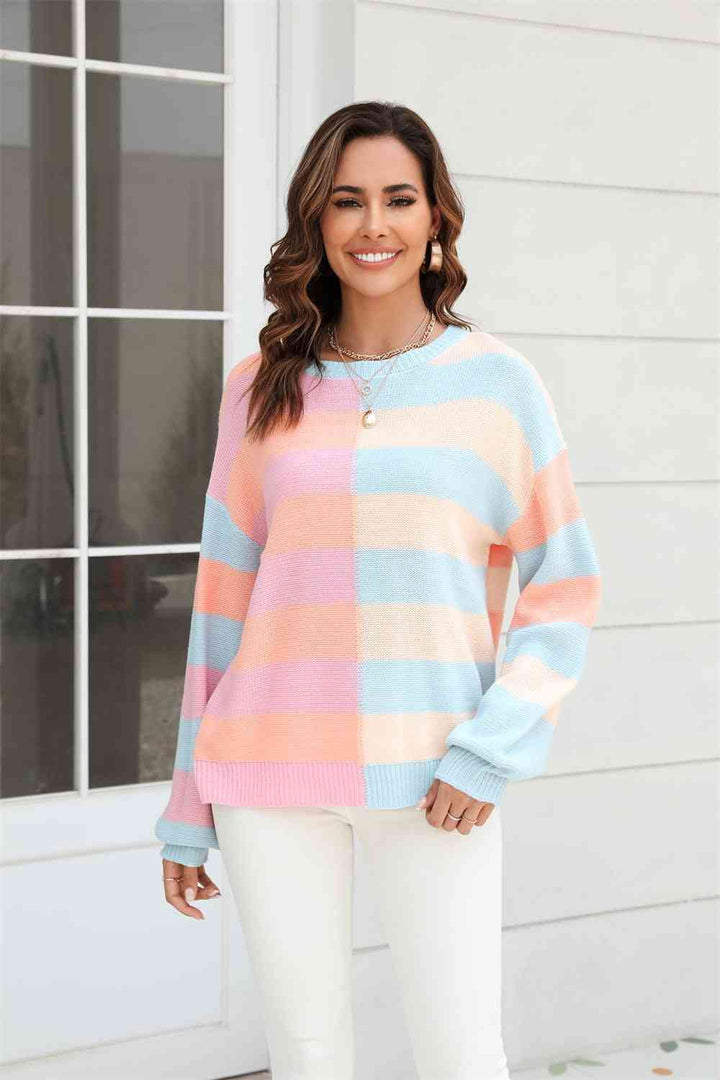 Round Neck Long Sleeve Color Block Dropped Shoulder Pullover Sweater |1mrk.com