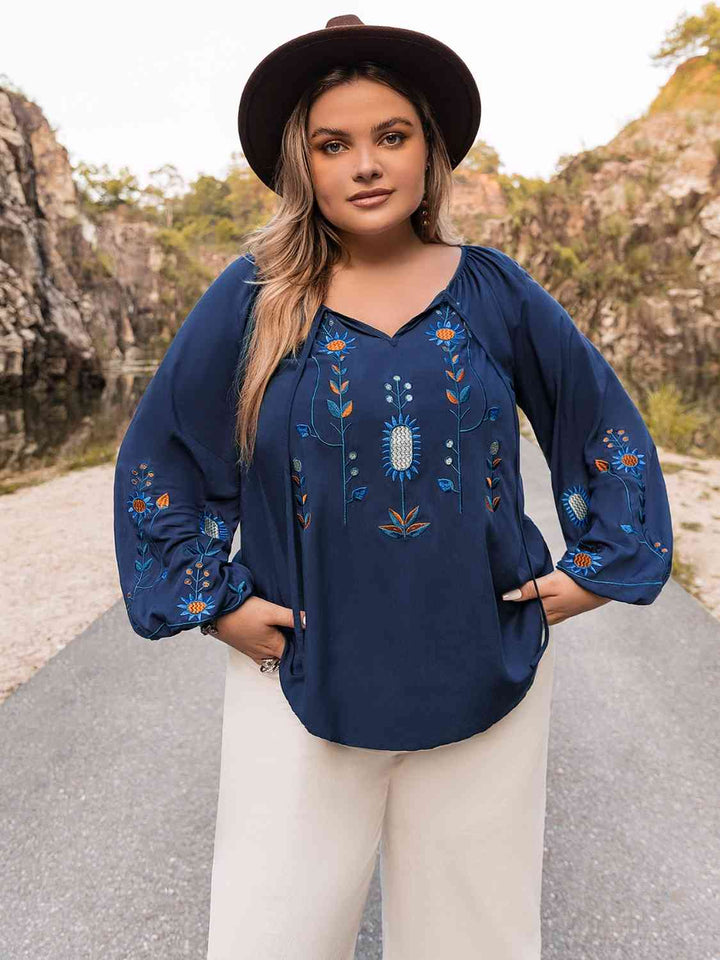 Plus Size Tie Neck Balloon Sleeve Top | 1mrk.com