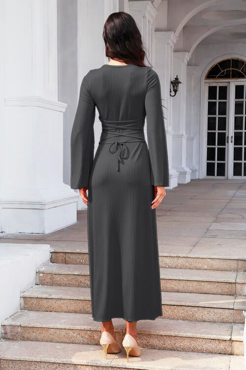 Tie Back Ribbed Round Neck Long Sleeve Dress | 1mrk.com