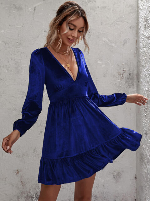 Plunge Long Sleeve Ruffle Hem Dress | 1mrk.com