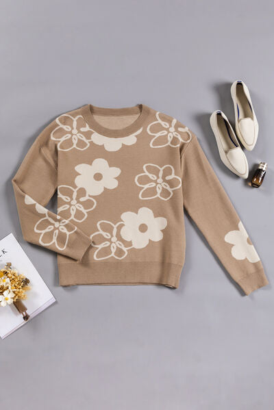 Flower Round Neck Dropped Shoulder Sweater |1mrk.com