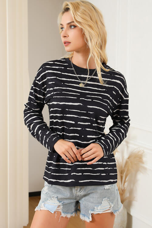 Striped Round Neck Long Sleeve T-Shirt | 1mrk.com