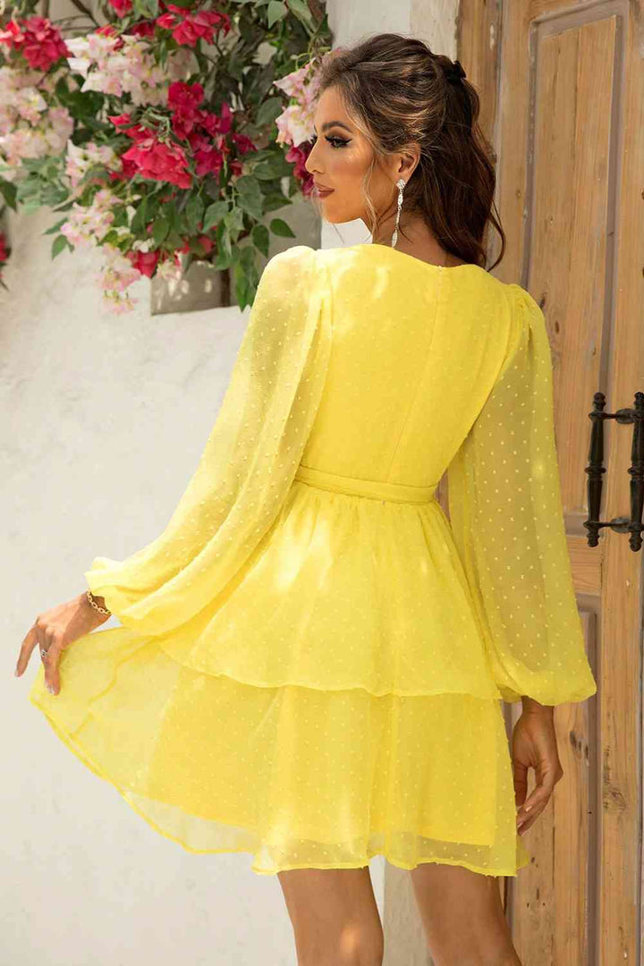 Tie Waist Balloon Sleeve Layered Dress |1mrk.com