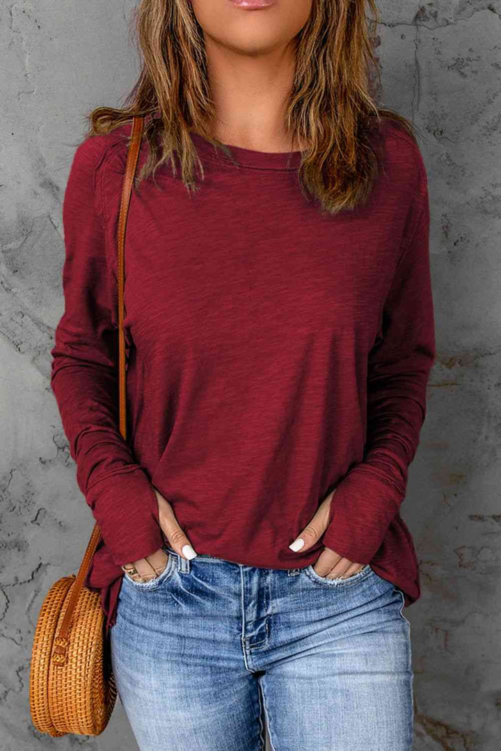 Thumbhole Long Sleeve Round Neck Top |1mrk.com