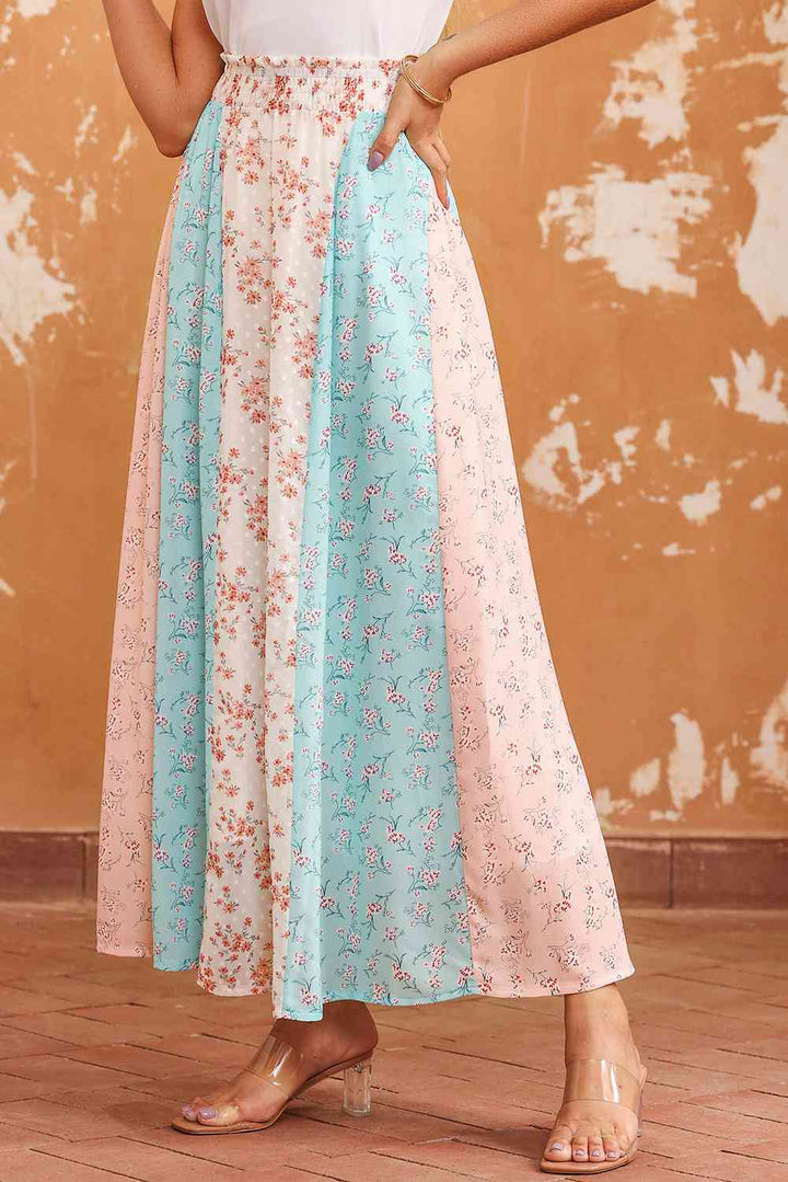 Floral Color Block Smocked Waist Maxi Skirt |1mrk.com