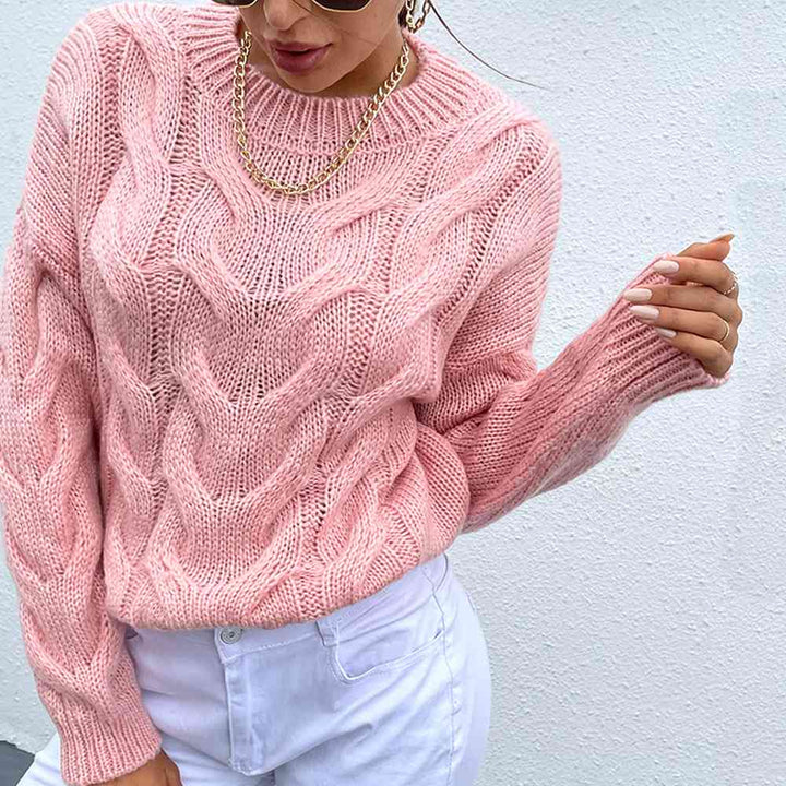 Cable-Knit Round Neck Long Sleeve Sweater |1mrk.com