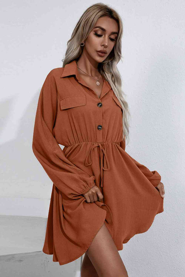 Collared Tie Waist Button Up Shirt Dress |1mrk.com