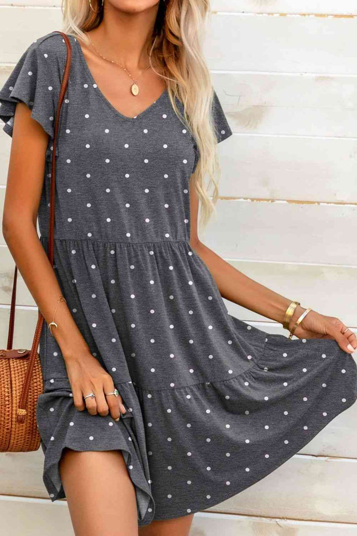 Polka Dot V-Neck Flutter Sleeve Mini Dress |1mrk.com