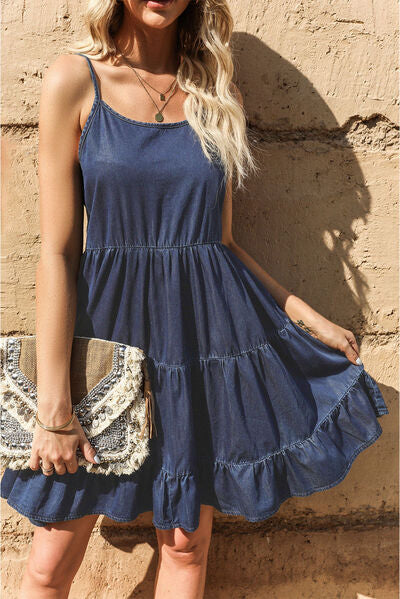 Spaghetti Strap Tiered Denim Dress |1mrk.com